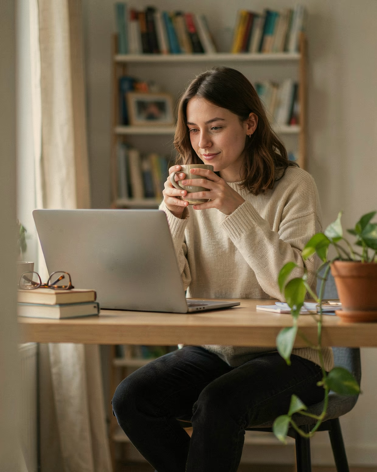 A woman with a warm drink reviewing her CV at home