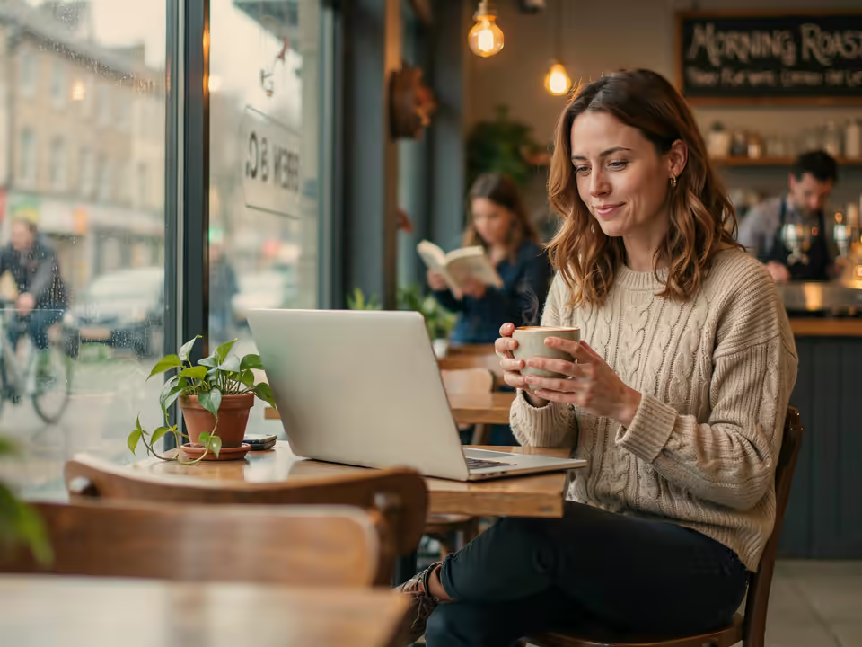 A person working on a job application at a cafe
