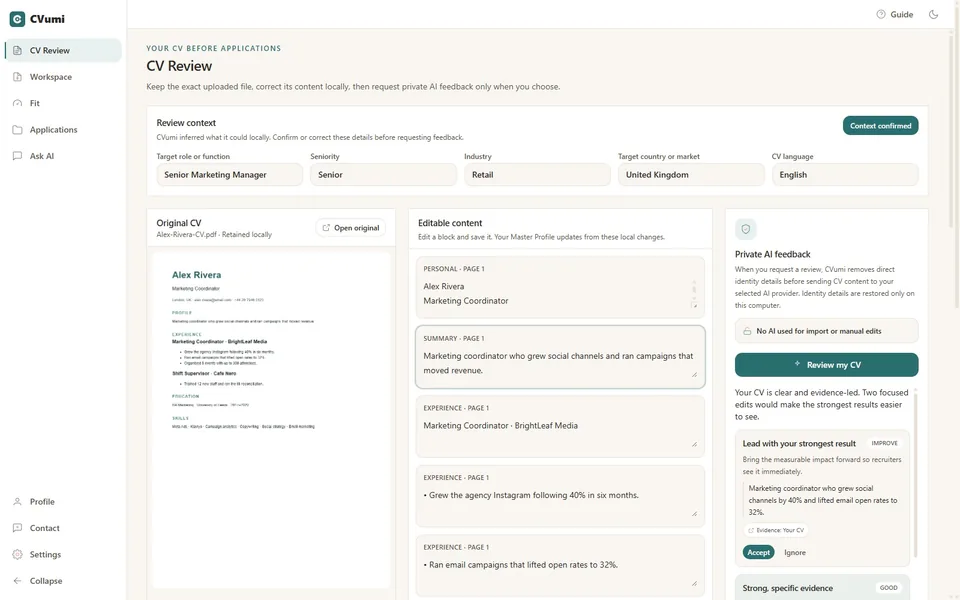 CVumi CV Review screen: the original file kept locally, editable content blocks and private AI feedback with accept and reject